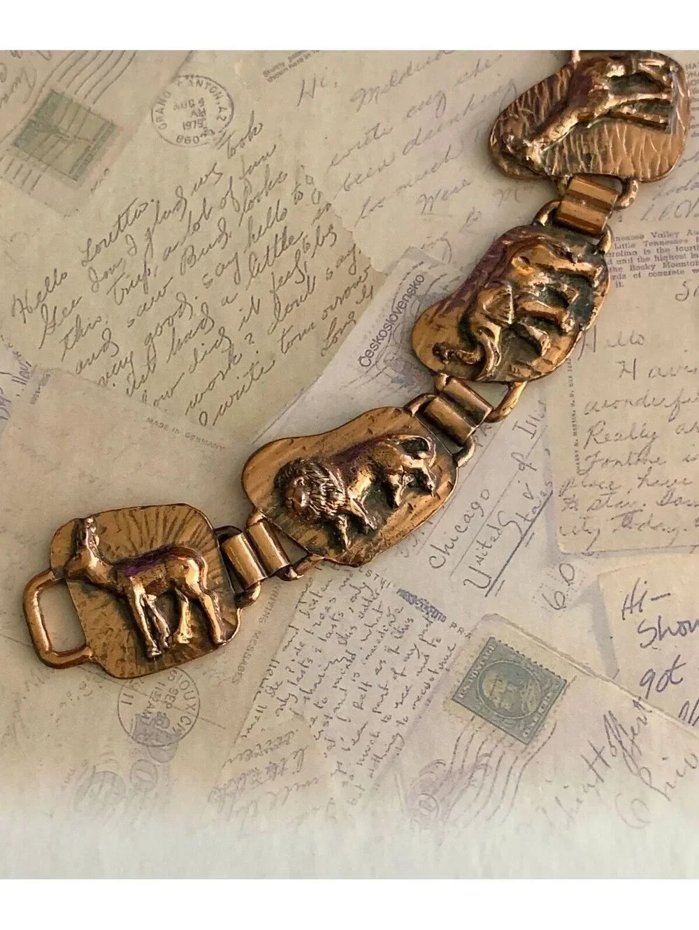 Vintage Solid Copper Safari Wildlife Panel Link Bracelet
